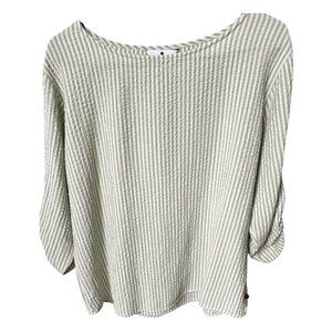 Vintage Woolrich Boho Crinkle Ruched Striped Tunic Bayleaf Green Top Size Medium